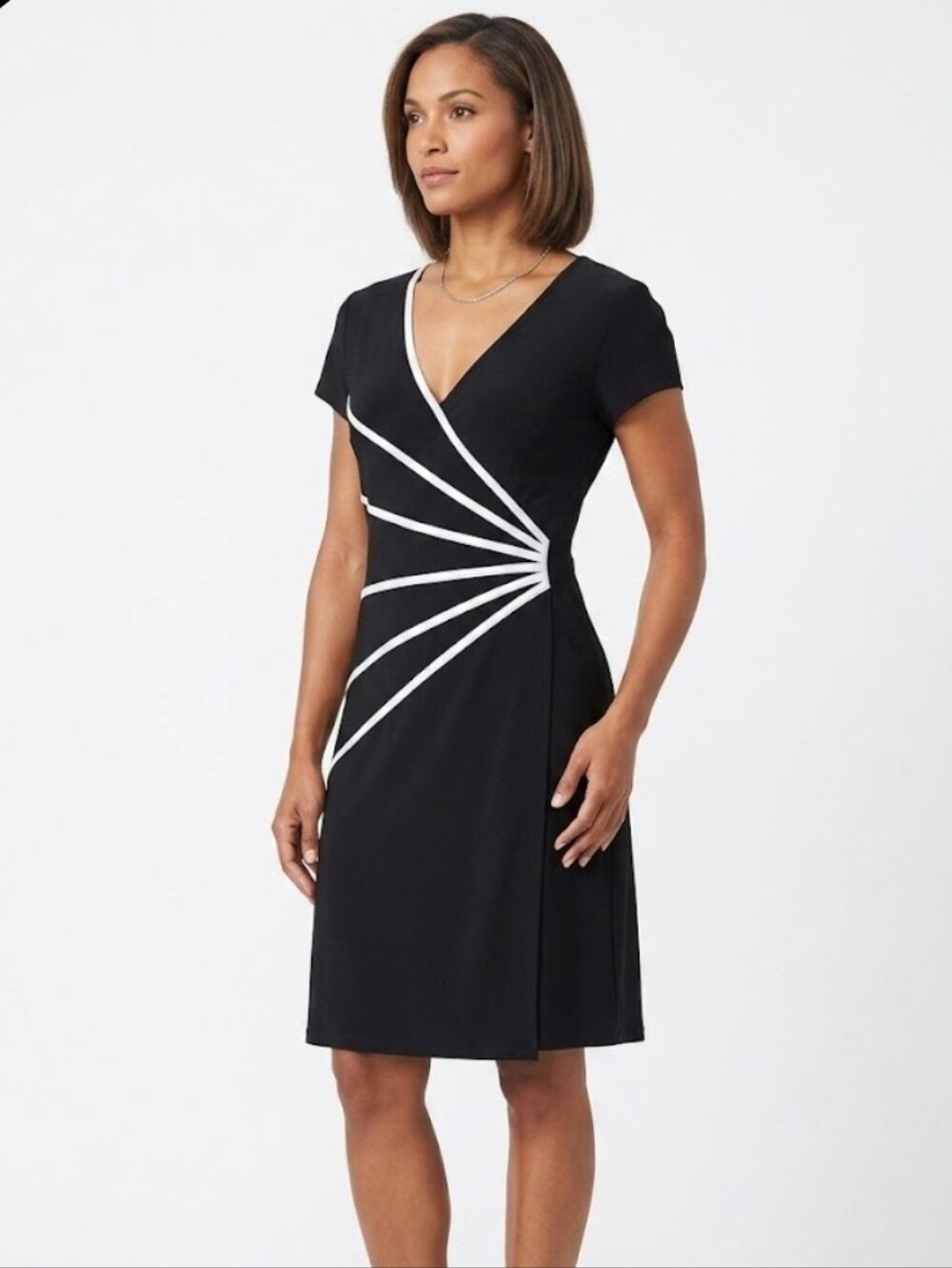 Connected Apparel Black Midi Wrap-Style Dress with White Radiant Trim